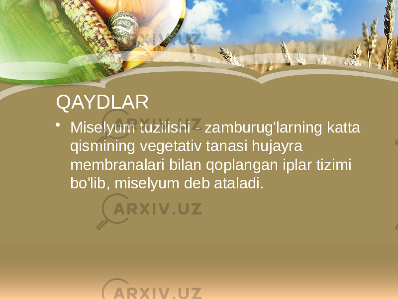 QAYDLAR • Miselyum tuzilishi - zamburug&#39;larning katta qismining vegetativ tanasi hujayra membranalari bilan qoplangan iplar tizimi bo&#39;lib, miselyum deb ataladi. 