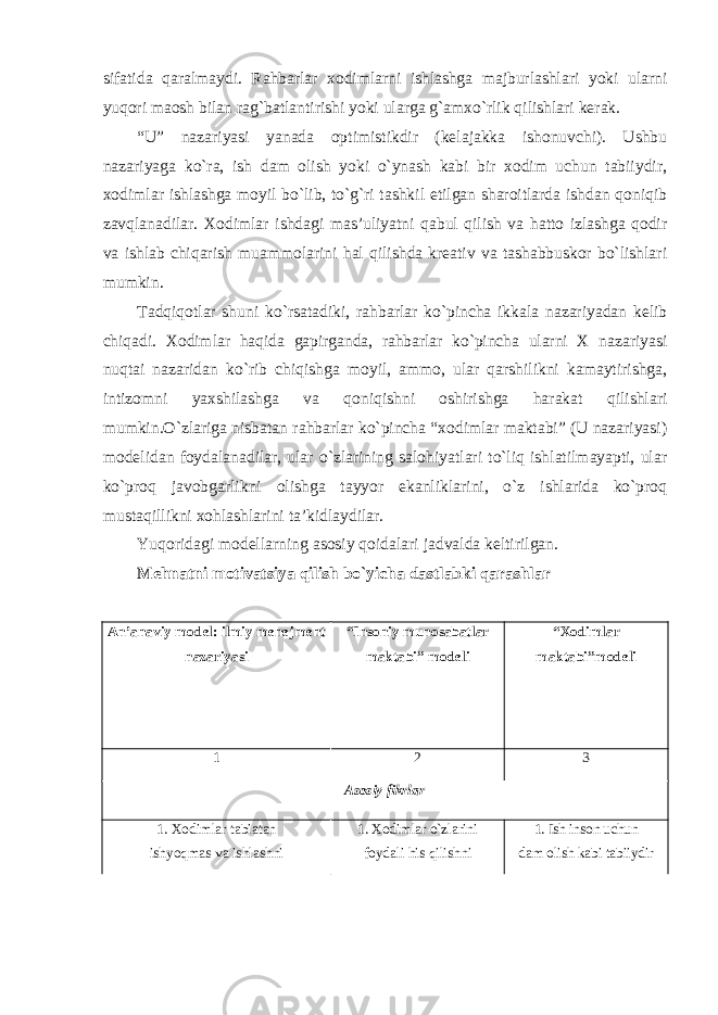 sifatida qaralmaydi. Rahbarlar xodimlarni ishlashga majburlashlari yoki ularni yuqori maosh bilan rag`batlantirishi yoki ularga g`amxo`rlik qilishlari kerak. “U” nazariyasi yanada optimistikdir (kelajakka ishonuvchi). Ushbu nazariyaga ko`ra, ish dam olish yoki o`ynash kabi bir xodim uchun tabiiydir, xodimlar ishlashga moyil bo`lib, to`g`ri tashkil etilgan sharoitlarda ishdan qoniqib zavqlanadilar. Xodimlar ishdagi mas’uliyatni qabul qilish va hatto izlashga qodir va ishlab chiqarish muammolarini hal qilishda kreativ va tashabbuskor bo`lishlari mumkin. Tadqiqotlar shuni ko`rsatadiki, rahbarlar ko`pincha ikkala nazariyadan kelib chiqadi. Xodimlar haqida gapirganda, rahbarlar ko`pincha ularni X nazariyasi nuqtai nazaridan ko`rib chiqishga moyil, ammo, ular qarshilikni kamaytirishga, intizomni yaxshilashga va qoniqishni oshirishga harakat qilishlari mumkin.O`zlariga nisbatan rahbarlar ko`pincha “xodimlar maktabi” (U nazariyasi) modelidan foydalanadilar, ular o`zlarining salohiyatlari to`liq ishlatilmayapti, ular ko`proq javobgarlikni olishga tayyor ekanliklarini, o`z ishlarida ko`proq mustaqillikni xohlashlarini ta’kidlaydilar. Yuqoridagi modellarning asosiy qoidalari jadvalda keltirilgan. Mehnatni motivatsiya qilish bo`yicha dastlabki qarashlar An’anaviy model: ilmiy menejment nazariyasi “Insoniy munosabatlar maktabi” modeli “Xodimlar maktabi”modeli 1 2 3 Asosiy fikrlar 1. Xodimlar tabiatan 1. Xodimlar o`zlarini 1. Ish inson uchun ishyoqmas va ishlashni foydali his qilishni dam olish kabi tabiiydir 