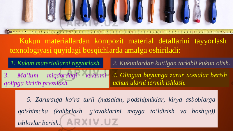 Kukun materiallardan kompozit material detallarini tayyorlash texnologiyasi quyidagi bosqichlarda amalga oshiriladi: 1. Kukun materiallarni tayyorlash. 2. Kukunlardan kutilgan tarkibli kukun olish. 3. Ma’lum miqdordagi kukunni qolipga kiritib presslash. 4. Olingan buyumga zarur xossalar berish uchun ularni termik ishlash. 5. Zaruratga ko‘ra turli (masalan, podshipniklar, kirya asboblarga qo‘shimcha (kalibrlash, g‘ovaklarini moyga to‘ldirish va boshqa)) ishlovlar berish. 