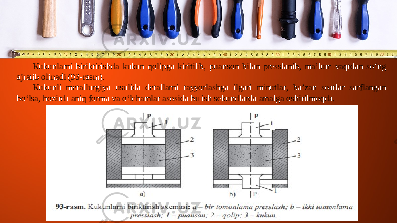 Kukunlarni biriktirishda kukun qolipga kiritilib, puanson bilan presslanib, ma’lum vaqtdan so‘ng ajratib olinadi (93-rasm). Kukunli metallurgiya usulida detallarni tayyorlashga ilgari minutlar, ba’zan soatlar sarflangan bo‘lsa, hozirda aniq forma va o‘lchamlar asosida bu ish sekundlarda amalga oshirilmoqda. 
