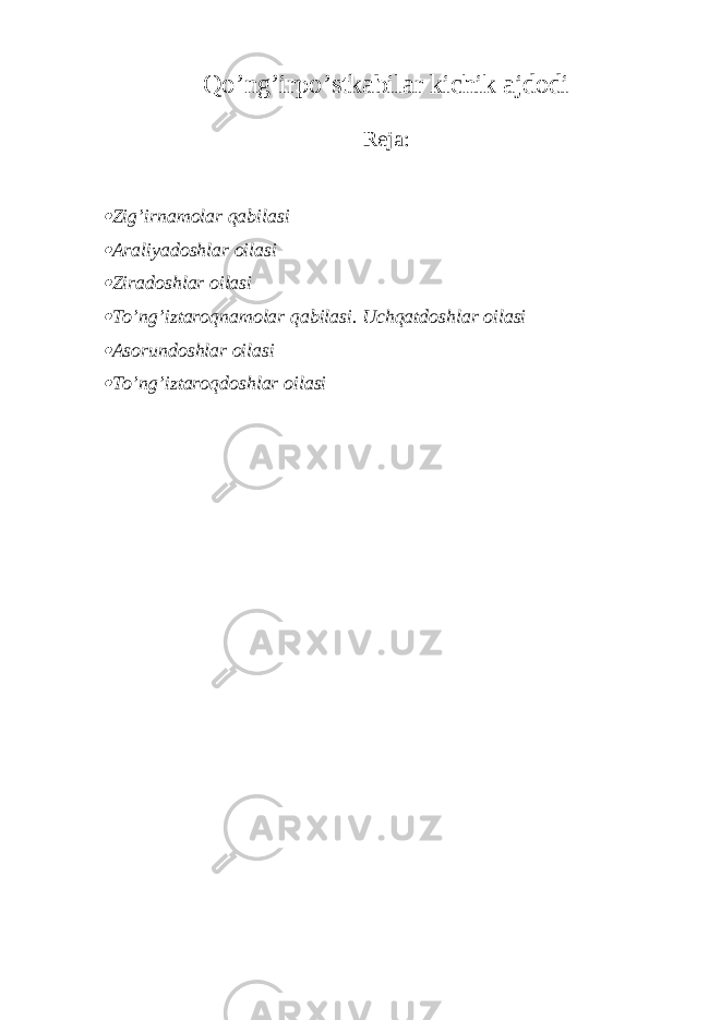 Qo’ng’irpo’stkabilar kichik ajdodi Reja:  Zig’irnamolar qabilasi  Araliyadoshlar oilasi  Ziradoshlar oilasi  To’ng’iztaroqnamolar qabilasi. Uchqatdoshlar oilasi  Asorundoshlar oilasi  To’ng’iztaroqdoshlar oilasi 