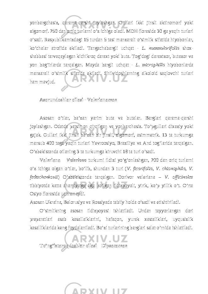 yonbargchasiz, qarama-qarshi joylashgan. Gullari ikki jinsli aktinomorf yoki zigomorf. 250 dan ortiq turlarni o’z ichiga oladi. MDH florasida 30 ga yaqin turlari o’sadi. Respublikamizdagi 15 turdan 5 tasi manzarali o’simlik sifatida hiyobonlar, ko’chalar atrofida ekiladi. Tangachabargli uchqat - L. nummularifolia shox- shabbasi tarvaqaylagan kichikroq daraxt yoki buta. Tog’dagi daraxtzor, butazor va yon bag’irlarda tarqalgan. Mayda bargli uchqat - L. microphilla hiyobonlarda manzarali o’simlik sifatida ekiladi. Shilvidoshlarning alkoloid saqlovchi turlari ham mavjud. Asorundoshlar oilasi - Valerianaceae Asosan o’tlar, ba’zan yarim buta va butalar. Barglari qarama-qarshi joylashgan. Odatda patsimon qirqilgan va yonbarchasiz. To’pgullari dixaziy yoki gajak. Gullari ikki jinsli ba’zan bir jinsli, zigomorf, asimmetrik. 13 ta turkumga mansub 400 taga yaqin turlari Yevroosiyo, Braziliya va And tog’larida tarqalgan. O’zbekistonda oilaning 3 ta turkumga kiruvchi 18 ta turi o’sadi. Valeriana – Valeriana turkumi ildizi yo’g’onlashgan, 200 dan oriq turlarni o’z ichiga olgan o’tlar, bo’lib, shundan 3 turi ( V. ficarifolia, V. chionophila, V. fedtschenkovii ) O’zbekistonda tarqalgan. Dorivor valeriana – V. officinales tibbiyotda katta ahamiyatga ega bo’lgan ildizpoyali, yirik, ko’p yillik o’t. O’rta Osiyo florasida uchramaydi. Asosan Ukraina, Belorusiya va Rossiyada tabiiy holda o’sadi va etishtiriladi. O’simlikning asosan ildizpoyasi ishlatiladi. Undan tayyorlangan dori preparatlari asab kasallaiklarini, hafaqon, yurak xastaliklari, uyqusizlik kasalliklarida keng foydalaniladi. Ba’zi turlarining barglari salat o’rnida ishlatiladi. To’ng’iztaroqdoshlar oilasi – Dipsacaceae 