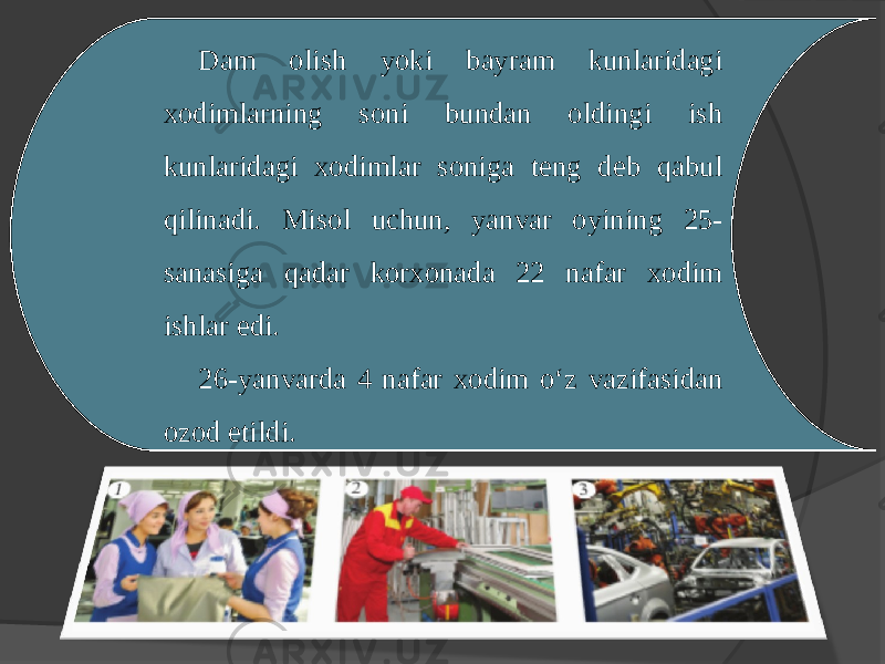 Dam olish yoki bayram kunlaridagi xodimlarning soni bundan oldingi ish kunlaridagi xodimlar soniga teng deb qabul qilinadi. Misol uchun, yanvar oyining 25- sanasiga qadar korxonada 22 nafar xodim ishlar edi. 26-yanvarda 4 nafar xodim o‘z vazifasidan ozod etildi. 