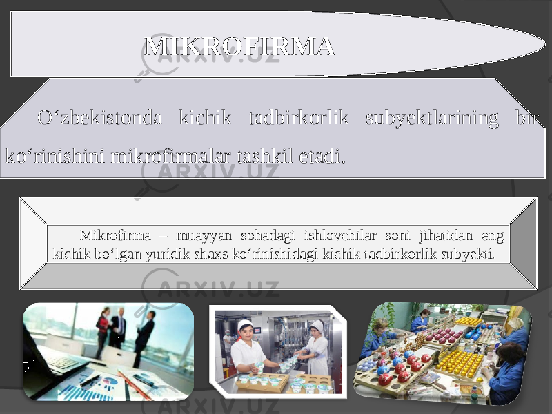 MIKROFIRMA O‘zbekistonda kichik tadbirkorlik subyektlarining bir ko‘rinishini mikrofirmalar tashkil etadi. Mikrofirma – muayyan sohadagi ishlovchilar soni jihatidan eng kichik bo‘lgan yuridik shaxs ko‘rinishidagi kichik tadbirkorlik subyekti. 