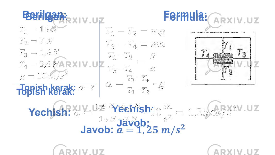  Berilgan: Topish kerak: Formula: Yechish: Javob: 