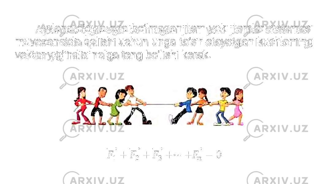  Aylana o‘qiga ega bo‘lmagan jism yoki jismlar sistemasi muvozanatda qolishi uchun unga ta’sir etayotgan kuchlarning vektor yig‘indisi nolga teng bo‘lishi kerak. • 