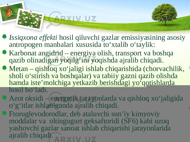 Issiqxona effekti hosil qiluvchi gazlar emissiyasining asosiy antropogen manbalari xususida tо‘xtalib о‘taylik: Karbonat angidrid – energiya olish, transport va boshqa qazib olinadigan yoqilg‘ini yoqishda ajralib chiqadi. Metan – qishloq xо‘jaligi ishlab chiqarishida (chorvachilik, sholi о‘stirish va boshqalar) va tabiiy gazni qazib olishda hamda iste’molchiga yetkazib berishdagi yо‘qotishlarda hosil bо‘ladi. Azot oksidi – energetik jarayonlarda va qishloq xо‘jaligida о‘g‘itlar ishlatilganda ajralib chiqadi. Ftoruglevodorodlar, deb ataluvchi sun’iy kimyoviy moddalar va oltingugurt geksaftoridi (SF6) kabi uzoq yashovchi gazlar sanoat ishlab chiqarishi jarayonlarida ajralib chiqadi. 