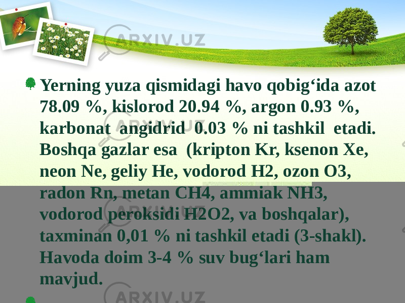 Yerning yuza qismidagi havo qobig‘ida azot 78.09 %, kislorod 20.94 %, argon 0.93 %, karbonat angidrid 0.03 % ni tashkil etadi. Boshqa gazlar esa (kripton Kr, ksenon Xe, neon Ne, geliy He, vodorod H2, ozon O3, radon Rn, metan CH4, ammiak NH3, vodorod peroksidi H2O2, va boshqalar), taxminan 0,01 % ni tashkil etadi (3-shakl). Havoda doim 3-4 % suv bug‘lari ham mavjud. 