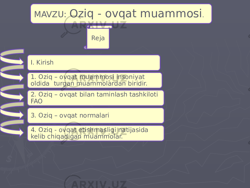 Reja MAVZU: Oziq - ovqat muammosi . I. Kirish 1. Oziq – ovqat muammosi insoniyat oldida turgan muammolardan biridir. 2. Oziq – ovqat bilan taminlash tashkiloti FAO 3. Oziq – ovqat normalari 4. Oziq - ovqat etishmasligi natijasida kelib chiqadigan muammolar. 