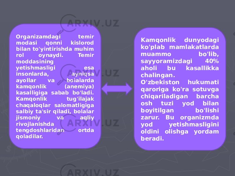 Organizamdagi temir modasi qonni kislorod bilan to&#39;yintirishda muhim rol oynaydi. Temir moddasining yetishmasligi esa insonlarda, ayniqsa ayollar va bolalarda kamqonlik (anemiya) kasalligiga sabab bo&#39;ladi. Kamqonlik tug&#39;ilajak chaqaloqlar salomatligiga salbiy ta&#39;sir qiladi, bolalar jismoniy va aqliy rivojlanishda tengdoshlaridan ortda qoladilar. Kamqonlik dunyodagi ko&#39;plab mamlakatlarda muammo bo&#39;lib, sayyoramizdagi 40% aholi bu kasallikka chalingan. O&#39;zbekiston hukumati qaroriga ko&#39;ra sotuvga chiqariladigan barcha osh tuzi yod bilan boyitilgan bo&#39;lishi zarur. Bu organizmda yod yetishmasligini oldini olishga yordam beradi.  