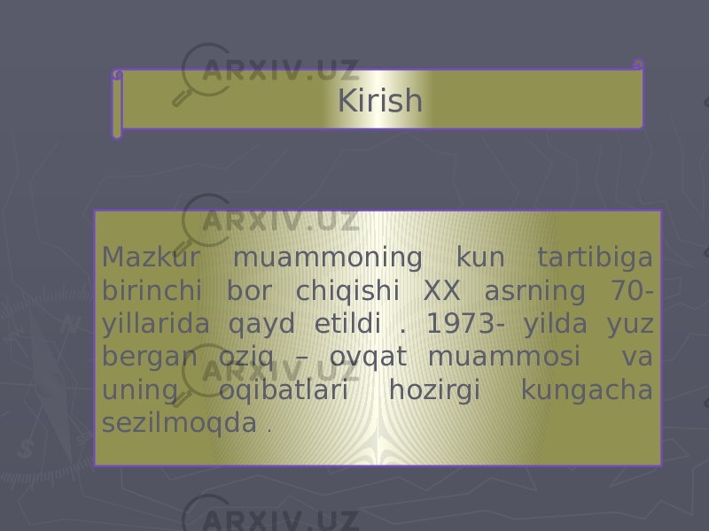 Kirish Mazkur muammoning kun tartibiga birinchi bor chiqishi XX asrning 70- yillarida qayd etildi . 1973- yilda yuz bergan oziq – ovqat muammosi va uning oqibatlari hozirgi kungacha sezilmoqda . 