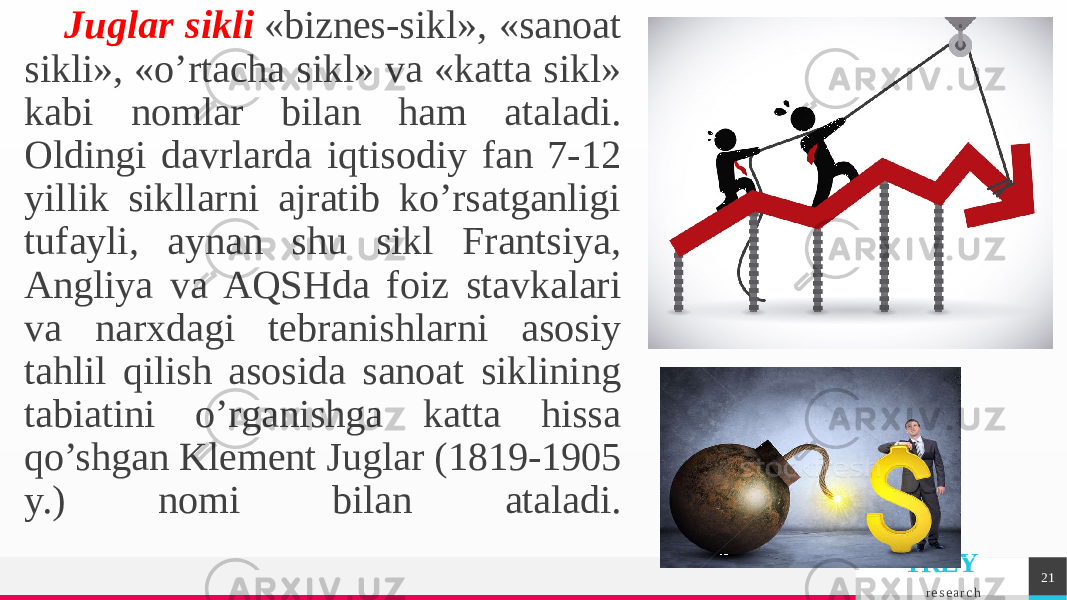 TREY r e s e a r c h 21Juglar sikli  «biznеs-sikl», «sanoat sikli», «o’rtacha sikl» va «katta sikl» kabi nomlar bilan ham ataladi. Oldingi davrlarda iqtisodiy fan 7-12 yillik sikllarni ajratib ko’rsatganligi tufayli, aynan shu sikl Frantsiya, Angliya va AQSHda foiz stavkalari va narxdagi tеbranishlarni asosiy tahlil qilish asosida sanoat siklining tabiatini o’rganishga katta hissa qo’shgan Klеmеnt Juglar (1819-1905 y.) nomi bilan ataladi. 