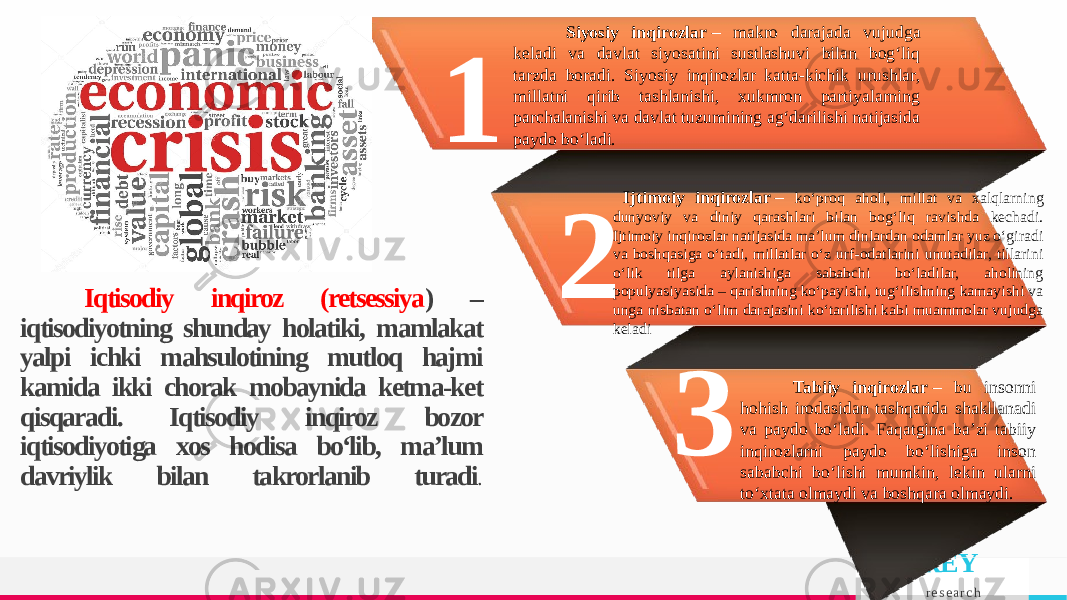 TREY r e s e a r c h1 2 3 Siyosiy inqirozlar  – makro darajada vujudga keladi va davlat siyosatini sustlashuvi bilan bog‘liq tarzda boradi. Siyosiy inqirozlar katta-kichik urushlar, millatni qirib tashlanishi, xukmron partiyalarning parchalanishi va davlat tuzumining ag‘darilishi natijasida paydo bo‘ladi. Ijtimoiy inqirozlar  – ko‘proq aholi, millat va xalqlarning dunyoviy va diniy qarashlari bilan bog‘liq ravishda kechadi. Ijtimoiy inqirozlar natijasida ma’lum dinlardan odamlar yuz o‘giradi va boshqasiga o‘tadi, millatlar o‘z urf-odatlarini unutadilar, tillarini o‘lik tilga aylanishiga sababchi bo‘ladilar, aholining populyasiyasida – qarishning ko‘payishi, tug‘ilishning kamayishi va unga nisbatan o‘lim darajasini ko‘tarilishi kabi muammolar vujudga keladi Tabiiy inqirozlar  – bu insonni hohish irodasidan tashqarida shakllanadi va paydo bo‘ladi. Faqatgina ba’zi tabiiy inqirozlarni paydo bo‘lishiga inson sababchi bo‘lishi mumkin, lekin ularni to‘xtata olmaydi va boshqara olmaydi. Iqtisodiy inqiroz (retsessiya ) – iqtisodiyotning shunday holatiki, mamlakat yalpi ichki mahsulotining mutloq hajmi kamida ikki chorak mobaynida ketma-ket qisqaradi. Iqtisodiy inqiroz bozor iqtisodiyotiga xos hodisa bo‘lib, ma’lum davriylik bilan takrorlanib turadi . 