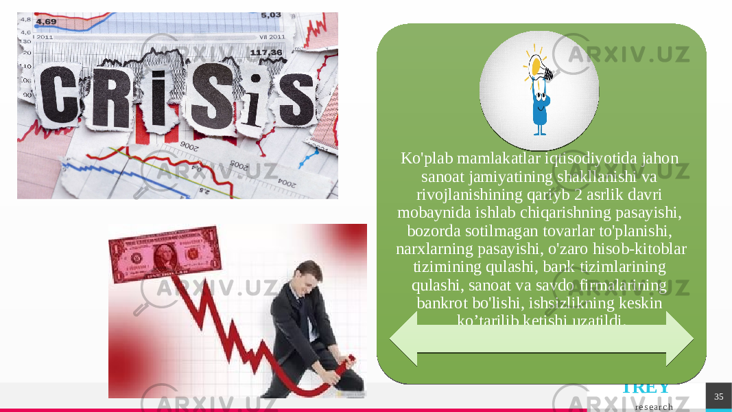 TREY r e s e a r c hKo&#39;plab mamlakatlar iqtisodiyotida jahon sanoat jamiyatining shakllanishi va rivojlanishining qariyb 2 asrlik davri mobaynida ishlab chiqarishning pasayishi, bozorda sotilmagan tovarlar to&#39;planishi, narxlarning pasayishi, o&#39;zaro hisob-kitoblar tizimining qulashi, bank tizimlarining qulashi, sanoat va savdo firmalarining bankrot bo&#39;lishi, ishsizlikning keskin ko’tarilib ketishi uzatildi. 354F0D39 03 01 17 160D12 11 0B0C12 0A1915 1604 140D1C 