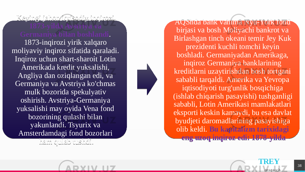 TREY r e s e a r c hKeyingi jahon iqtisodiy inqirozi 1873-yilda Avstriya va Germaniya bilan boshlandi . 1873-inqirozi yirik xalqaro moliyaviy inqiroz sifatida qaraladi. Inqiroz uchun shart-sharoit Lotin Amerikada kredit yuksalishi, Angliya dan oziqlangan edi, va Germaniya va Avstriya ko&#39;chmas mulk bozorida spekulyativ oshirish. Avstriya-Germaniya yuksalishi may oyida Vena fond bozorining qulashi bilan yakunlandi. Tsyurix va Amsterdamdagi fond bozorlari ham qulab tushdi. AQShda bank vahima Nyu-York fond birjasi va bosh Moliyachi bankrot va Birlashgan tinch okeani temir Jey Kuk prezidenti kuchli tomchi keyin boshladi. Germaniyadan Amerikaga, inqiroz Germaniya banklarining kreditlarni uzaytirishdan bosh tortgani sababli tarqaldi. Amerika va Yevropa iqtisodiyoti turg&#39;unlik bosqichiga (ishlab chiqarish pasayishi) tushganligi sababli, Lotin Amerikasi mamlakatlari eksporti keskin kamaydi, bu esa davlat byudjeti daromadlarining pasayishiga olib keldi. Bu kapitalizm tarixidagi eng uzoq inqiroz edi: 1878-yilda 384F 303E403238 46 1E 0736413020 17 09110A0C 3E 3E 76 17 0D03 0F191403 160D12 0F04 3E 0604 3E 160C 3A0C 210102 160D03 0C 140102 03 0C 3B0C 03 02 16 0D15 3A1E 23 