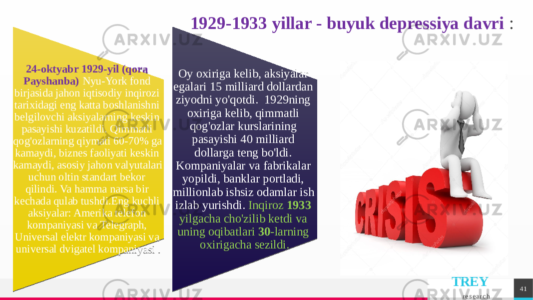 TREY r e s e a r c h1929-1933 yillar - buyuk depressiya davri : 24-oktyabr 1929-yil (qora Payshanba) Nyu-York fond birjasida jahon iqtisodiy inqirozi tarixidagi eng katta boshlanishni belgilovchi aksiyalarning keskin pasayishi kuzatildi. Qimmatli qog&#39;ozlarning qiymati 60-70% ga kamaydi, biznes faoliyati keskin kamaydi, asosiy jahon valyutalari uchun oltin standart bekor qilindi. Va hamma narsa bir kechada qulab tushdi.Eng kuchli aksiyalar: Amerika telefon kompaniyasi va Telegraph, Universal elektr kompaniyasi va universal dvigatel kompaniyasi . Oy oxiriga kelib, aksiyalar egalari 15 milliard dollardan ziyodni yo&#39;qotdi. 1929ning oxiriga kelib, qimmatli qog&#39;ozlar kurslarining pasayishi 40 milliard dollarga teng bo&#39;ldi. Kompaniyalar va fabrikalar yopildi, banklar portladi, millionlab ishsiz odamlar ish izlab yurishdi. Inqiroz 1933 yilgacha cho&#39;zilib ketdi va uning oqibatlari 30 -larning oxirigacha sezildi. 4131 25 4E 160C 0B 16 21 0A 14 14 19 0A 14 04 14 50 19 6D 02 12 0D1D0C 0A 21 0E 4F0D172104 0F0D 170C15150C 0C 09 3041 10 0F0C1513 1911 3245 20 0D 