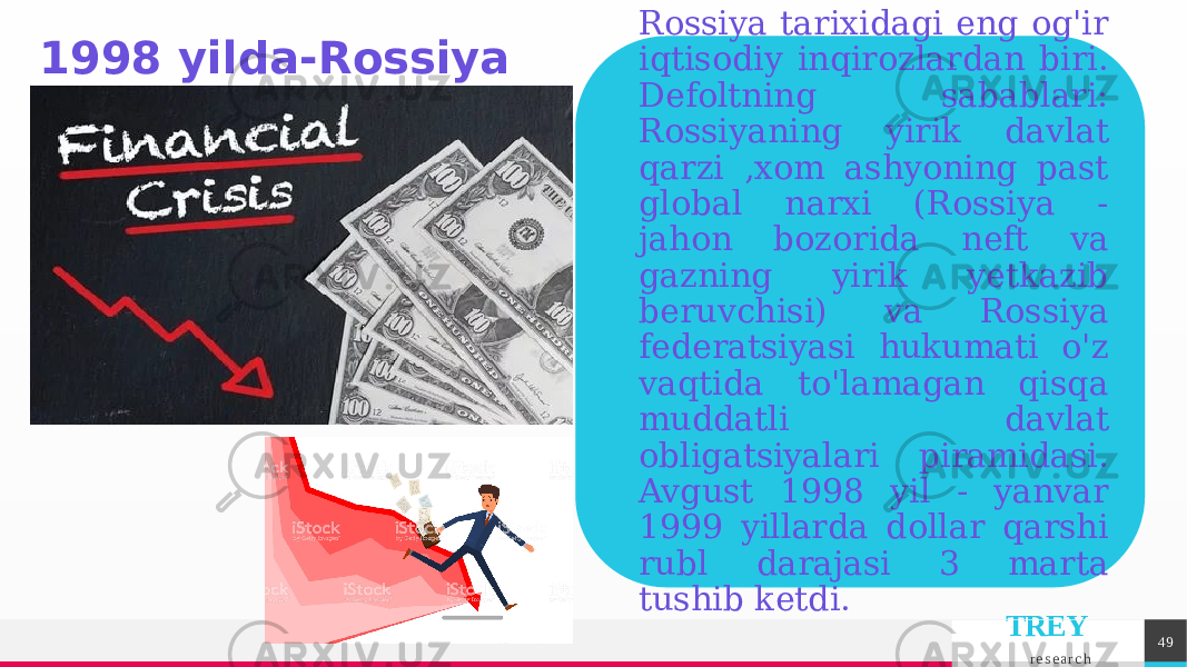 TREY r e s e a r c h1998 yilda-Rossiya inqirozi Rossiya tarixidagi eng og&#39;ir iqtisodiy inqirozlardan biri. Defoltning sabablari: Rossiyaning yirik davlat qarzi ,xom ashyoning past global narxi (Rossiya ‑ jahon bozorida neft va gazning yirik yetkazib beruvchisi) va Rossiya federatsiyasi hukumati o&#39;z vaqtida to&#39;lamagan qisqa muddatli davlat obligatsiyalari piramidasi. Avgust 1998 yil ‑ yanvar 1999 yillarda dollar qarshi rubl darajasi 3 marta tushib ketdi. 49 