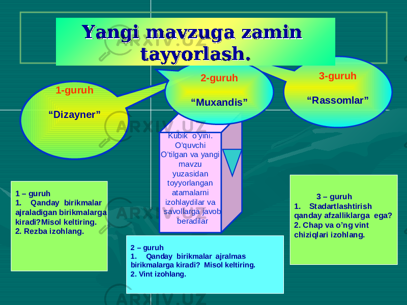  .. 3-guruh “ Rassomlar”1-guruh “ Dizayner” Kubik o’yini. O’quvchi O’tilgan va yangi mavzu yuzasidan toyyorlangan atamalarni izohlaydilar va savollarga javob beradilar 2-guruh “ Muxandis” 1 – guruh 1. Qanday birikmalar ajraladigan birikmalarga kiradi?Misol keltiring. 2. Rezba izohlang. 2 – guruh 1. Qanday birikmalar ajralmas birikmalarga kiradi? Misol keltiring. 2. Vint izohlang. 3 – guruh 1. Stadartlashtirish qanday afzalliklarga ega? 2. Chap va o’ng vint chiziqlari izohlang.Yangi mavzuga zamin Yangi mavzuga zamin tayyorlash.tayyorlash. 