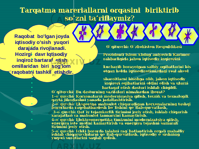  Tarqatma mareriallarni orqasini biriktirib Tarqatma mareriallarni orqasini biriktirib so’zni ta’riflaymizso’zni ta’riflaymiz ?? Raqobat bo’lgan joyda iqtisodiy o’sish yuqori darajada rivojlanadi. Hozirgi davr Iqtisodiy inqiroz bartaraf etish omillaridan biri sog’lom raqobatni tashkil etishdir. • O`qituvchi: O`zbekiston Respublikasi O`qituvchi: O`zbekiston Respublikasi • Prezidenti Islom Abdug`aniyevich Karimov Prezidenti Islom Abdug`aniyevich Karimov • rahbarligida jahon iqtisodiy inqirozini rahbarligida jahon iqtisodiy inqirozini toboro toboro • kuchayib borayotgan salbiy oqibatlarini his kuchayib borayotgan salbiy oqibatlarini his • etgan holda iqtisodiyotimizdagi real ahvol etgan holda iqtisodiyotimizdagi real ahvol va va • sharoitlarni hisobga olib, jahon iqtisodiy sharoitlarni hisobga olib, jahon iqtisodiy • inqirozi oqibatlarini oldini olish va ularni inqirozi oqibatlarini oldini olish va ularni • bartaqaf etish dasturi ishlab chiqildi. bartaqaf etish dasturi ishlab chiqildi. • O`qituvchi: Bu dasturning vazifalari nimalardan iborat?O`qituvchi: Bu dasturning vazifalari nimalardan iborat? • 1-o`quvchi: Korxonalarni modernizasiya qilish, texnik va texnalogik 1-o`quvchi: Korxonalarni modernizasiya qilish, texnik va texnalogik qayta jihozlashni yanada jadallashtirish.qayta jihozlashni yanada jadallashtirish. • 2-o`quvchi: Eksportga mahsulot chiqaradigan korxonalarning tashqi 2-o`quvchi: Eksportga mahsulot chiqaradigan korxonalarning tashqi bozorlarda raqobatbardosh bo`lishini qo`llab-quvvatlash,bozorlarda raqobatbardosh bo`lishini qo`llab-quvvatlash, • 3-o`quvchi: Qat`iy tejamkorlik tizimini joriy etish, ishlab chiqarish 3-o`quvchi: Qat`iy tejamkorlik tizimini joriy etish, ishlab chiqarish xarajatlari va mahsulot tannarxini kamaytirish.xarajatlari va mahsulot tannarxini kamaytirish. • 4-o`quvchi: Elektroenergetika timizmini modernizatsiya qilish, 4-o`quvchi: Elektroenergetika timizmini modernizatsiya qilish, energiya iste`molini kamaytirish va energiya tejashni samarali energiya iste`molini kamaytirish va energiya tejashni samarali tizimini joriy etish.tizimini joriy etish. • 5-o`quvchi: Ichki bozorda talabni rag`batlantirish orqali mahalliy 5-o`quvchi: Ichki bozorda talabni rag`batlantirish orqali mahalliy ishlab chiqaruvchilarni qo`llab-quvvatlash, iqtisodiy o`sishning ishlab chiqaruvchilarni qo`llab-quvvatlash, iqtisodiy o`sishning yuqori suratlarini saqlab qolish.yuqori suratlarini saqlab qolish. 