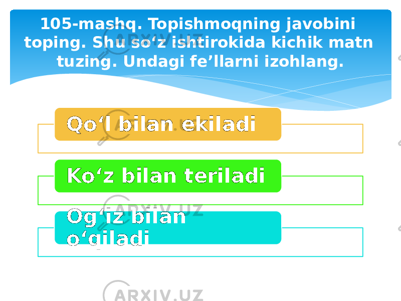 105-mashq. Topishmoqning javobini toping. Shu so‘z ishtirokida kichik matn tuzing. Undagi fe’llarni izohlang. Qo‘l bilan ekiladi Ko‘z bilan teriladi Og‘iz bilan o‘qiladi 