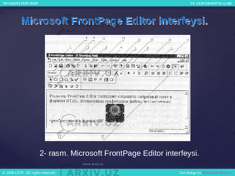 Microsoft FrontPage Editor interfeysi.Microsoft FrontPage Editor interfeysi. 2- rasm. Microsoft FrontPage Editor interfeysi. EN GRANT IATP II&IP UZ IATP GRANTI II va AH EN GRANT IATP II&IP UZ IATP GRANTI II va AH © 2000 IATP. All rights reserved. Site design by Makhmud Botirov © 2000 IATP. All rights reserved. Site design by Makhmud Botirov 