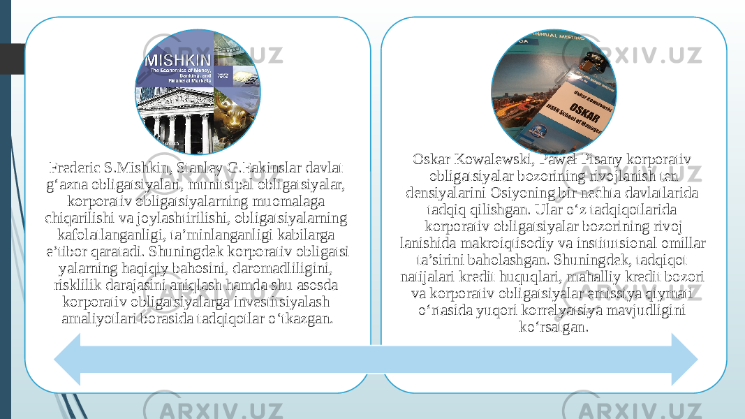 Frederic S.Mishkin, Stanley G.Eakinslar davlat g‘azna obligatsiyalari, munitsipal obligatsiyalar, korporativ obligatsiya larning muomalaga chiqarilishi va joylash tirilishi, obligatsiyalarning kafolatlangan ligi, ta’minlanganligi kabilarga e’tibor qaratadi. Shuningdek korporativ obligatsi yalarning haqiqiy bahosini, daromadlili gini, risklilik darajasini aniqlash hamda shu asosda korporativ obligatsiyalarga investitsiyalash amaliyotlari borasida tadqiqotlar o‘tkazgan. Oskar Kowalewski, Paweł Pisany korporativ obligatsiyalar bozorining rivojlanish ten densiyalarini Osiyoning bir nechta davlatla rida tadqiq qilishgan. Ular o‘z tadqiqotlarida korporativ obligatsiyalar bozorining rivoj lanishida makroiqtisodiy va institutsio nal omillar ta’sirini baholashgan. Shuning dek, tadqiqot natijalari kredit huquqlari, mahalliy kredit bozori va korporativ obli gatsiyalar emissiya qiymati o‘rtasida yuqori korrelyatsiya mavjudligini ko‘rsatgan. 