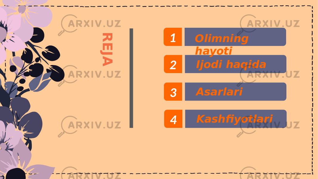 R E J A1 2 Ijodi haqida 3 Asarlari 4 KashfiyotlariOlimning hayoti 