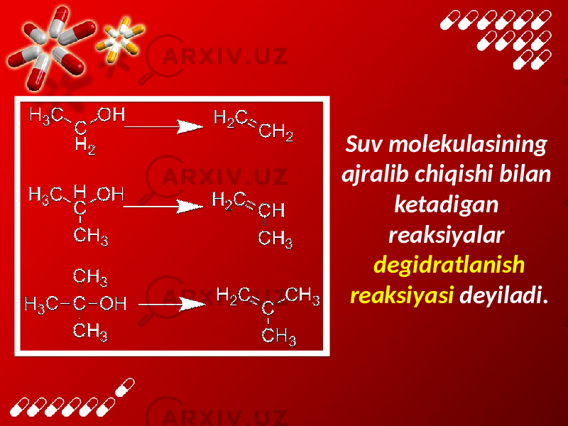 Suv molekulasining ajralib chiqishi bilan ketadigan reaksiyalar degidratlanish reaksiyasi deyiladi. 