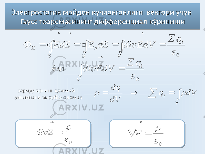  зарядларнинг ҳажмий зичлигини ҳисобга оламиз Электростатик майдон кучланганлиги вектори учун Гаусс теоремасининг дифференциал кўриниши ёки0  i V S n S Е q dV E di dS Е S d Е Ф            v      V i dV q dV dq   0  i V q dV E di     v 0    E di  v 0     E  02 2C 