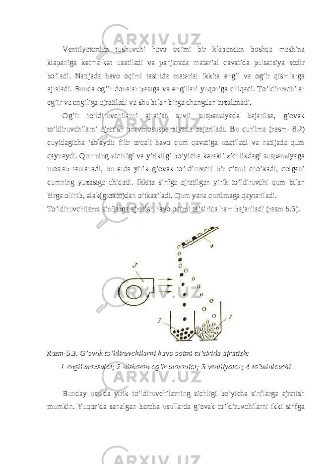  Ventilyatordan tushuvchi havo oqimi bir klapandan boshqa mashina klapaniga ketma-ket uzatiladi va panjarada material qavatida pulsatsiya sodir bo’ladi. Natijada havo oqimi tasirida material ikkita engil va og’ir qismlarga ajraladi. Bunda og’ir donalar pastga va engillari yuqoriga chiqadi. To’ldiruvchilar og’ir va engiliga ajratiladi va shu bilan birga changdan tozalanadi. Og’ir to’ldiruvchilarni ajratish suvli suspenziyada bajarilsa, g’ovak to’ldiruvchilarni ajratish pnevmosuspenziyada bajariladi. Bu qurilma (rasm- 8.2) quyidagicha ishlaydi: filtr orqali havo qum qavatiga uzatiladi va natijada qum qaynaydi. Qumning zichligi va yirikligi bo’yicha kerakli zichlikdagi suspenziyaga moslab tanlanadi, bu erda yirik g’ovak to’ldiruvchi bir qismi cho’kadi, qolgani qumning yuzasiga chiqadi. Ikkita sinfga ajratilgan yirik to’ldiruvchi qum bilan birga olinib, elak(groxot)dan o’tkaziladi. Qum yana qurilmaga qaytariladi. To’ldiruvchilarni sinflarga ajratish havo oqimi ta’sirida ham bajariladi (rasm-5.3). Rasm-5.3. G’ovak to’ldiruvchilarni havo oqimi ta’sirida ajratish: 1-engil maxsulot; 2-nisbatan og’ir maxsulot; 3-ventilyator; 4-ta’minlovchi Bunday usulda yirik to’ldiruvchilarning zichligi bo’yicha sinflarga ajratish mumkin. Yuqorida sanalgan barcha usullarda g’ovak to’ldiruvchilarni ikki sinfga 