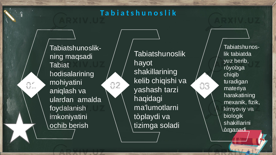 01 02 03T a b i a t s h u n o s l i k Tabiatshunoslik- ning maqsadi Tabiat hodisalarining mohiyatini aniqlash va ulardan amalda foydalanish imkoniyatini ochib berish Tabiatshunoslik hayot shakillarining kelib chiqishi va yashash tarzi haqidagi ma&#39;lumotlarni tòplaydi va tizimga soladi Tabiatshunos- lik tabiatda yuz berib, ròyobga chiqib turadigan materiya harakatining mexanik, fizik, kimyoviy va biologik shakillarini òrganadi 