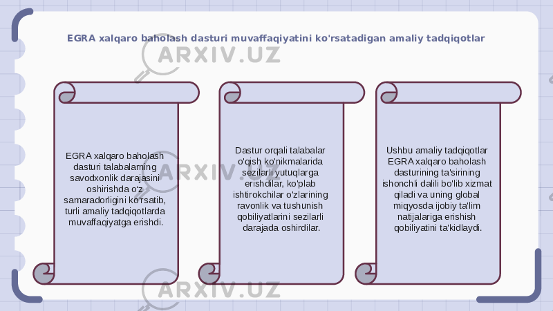 EGRA xalqaro baholash dasturi muvaffaqiyatini ko&#39;rsatadigan amaliy tadqiqotlar EGRA xalqaro baholash dasturi talabalarning savodxonlik darajasini oshirishda o‘z samaradorligini ko‘rsatib, turli amaliy tadqiqotlarda muvaffaqiyatga erishdi. Dastur orqali talabalar o&#39;qish ko&#39;nikmalarida sezilarli yutuqlarga erishdilar, ko&#39;plab ishtirokchilar o&#39;zlarining ravonlik va tushunish qobiliyatlarini sezilarli darajada oshirdilar. Ushbu amaliy tadqiqotlar EGRA xalqaro baholash dasturining ta&#39;sirining ishonchli dalili bo&#39;lib xizmat qiladi va uning global miqyosda ijobiy ta&#39;lim natijalariga erishish qobiliyatini ta&#39;kidlaydi. 