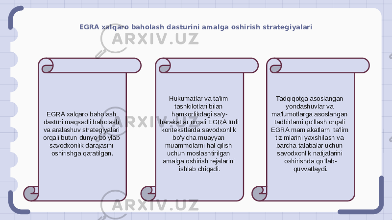 EGRA xalqaro baholash dasturini amalga oshirish strategiyalari EGRA xalqaro baholash dasturi maqsadli baholash va aralashuv strategiyalari orqali butun dunyo boʻylab savodxonlik darajasini oshirishga qaratilgan. Hukumatlar va ta&#39;lim tashkilotlari bilan hamkorlikdagi sa&#39;y- harakatlar orqali EGRA turli kontekstlarda savodxonlik bo&#39;yicha muayyan muammolarni hal qilish uchun moslashtirilgan amalga oshirish rejalarini ishlab chiqadi. Tadqiqotga asoslangan yondashuvlar va ma&#39;lumotlarga asoslangan tadbirlarni qo&#39;llash orqali EGRA mamlakatlarni ta&#39;lim tizimlarini yaxshilash va barcha talabalar uchun savodxonlik natijalarini oshirishda qo&#39;llab- quvvatlaydi. 