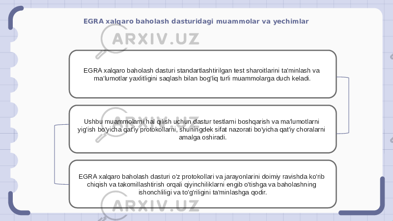 EGRA xalqaro baholash dasturidagi muammolar va yechimlar EGRA xalqaro baholash dasturi standartlashtirilgan test sharoitlarini ta&#39;minlash va ma&#39;lumotlar yaxlitligini saqlash bilan bog&#39;liq turli muammolarga duch keladi. Ushbu muammolarni hal qilish uchun dastur testlarni boshqarish va ma&#39;lumotlarni yig&#39;ish bo&#39;yicha qat&#39;iy protokollarni, shuningdek sifat nazorati bo&#39;yicha qat&#39;iy choralarni amalga oshiradi. EGRA xalqaro baholash dasturi o&#39;z protokollari va jarayonlarini doimiy ravishda ko&#39;rib chiqish va takomillashtirish orqali qiyinchiliklarni engib o&#39;tishga va baholashning ishonchliligi va to&#39;g&#39;riligini ta&#39;minlashga qodir. 