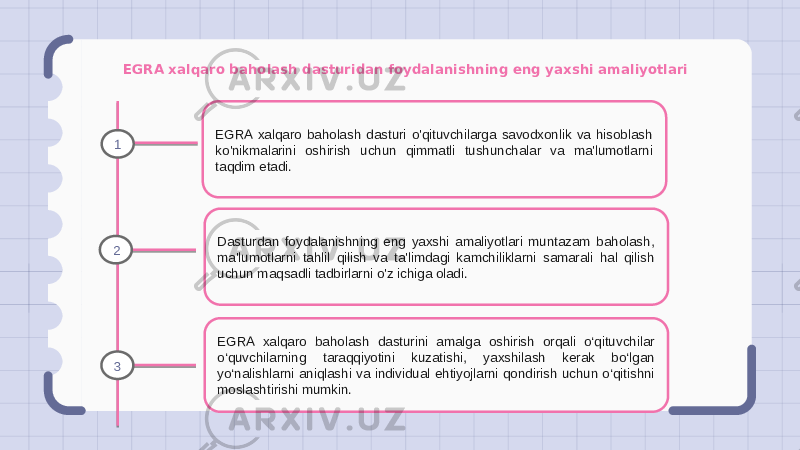 EGRA xalqaro baholash dasturidan foydalanishning eng yaxshi amaliyotlari EGRA xalqaro baholash dasturi o&#39;qituvchilarga savodxonlik va hisoblash ko&#39;nikmalarini oshirish uchun qimmatli tushunchalar va ma&#39;lumotlarni taqdim etadi. Dasturdan foydalanishning eng yaxshi amaliyotlari muntazam baholash, ma&#39;lumotlarni tahlil qilish va ta&#39;limdagi kamchiliklarni samarali hal qilish uchun maqsadli tadbirlarni o&#39;z ichiga oladi. EGRA xalqaro baholash dasturini amalga oshirish orqali o‘qituvchilar o‘quvchilarning taraqqiyotini kuzatishi, yaxshilash kerak bo‘lgan yo‘nalishlarni aniqlashi va individual ehtiyojlarni qondirish uchun o‘qitishni moslashtirishi mumkin.1 2 3 