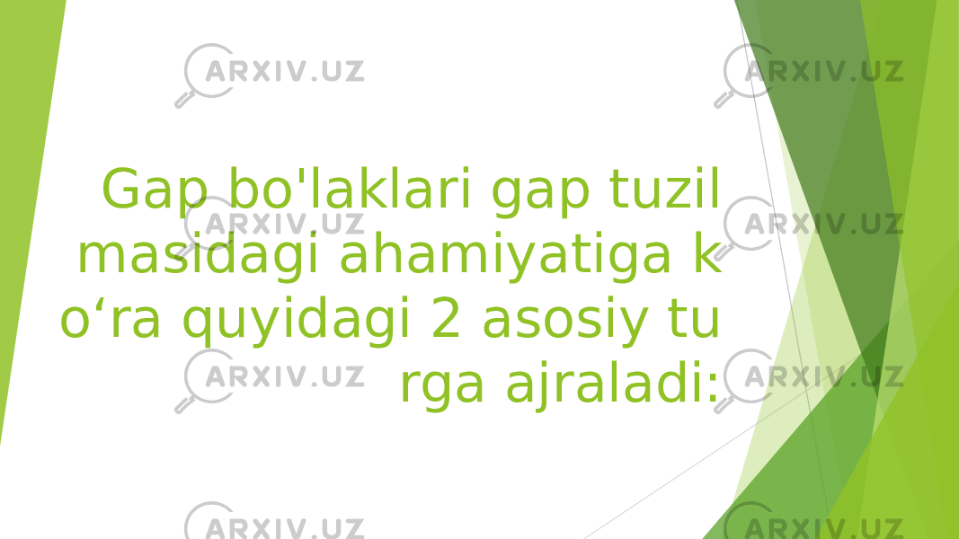 Gap bo&#39;laklari gap tuzil masidagi ahamiyatiga k oʻra quyidagi 2 asosiy tu rga ajraladi: 