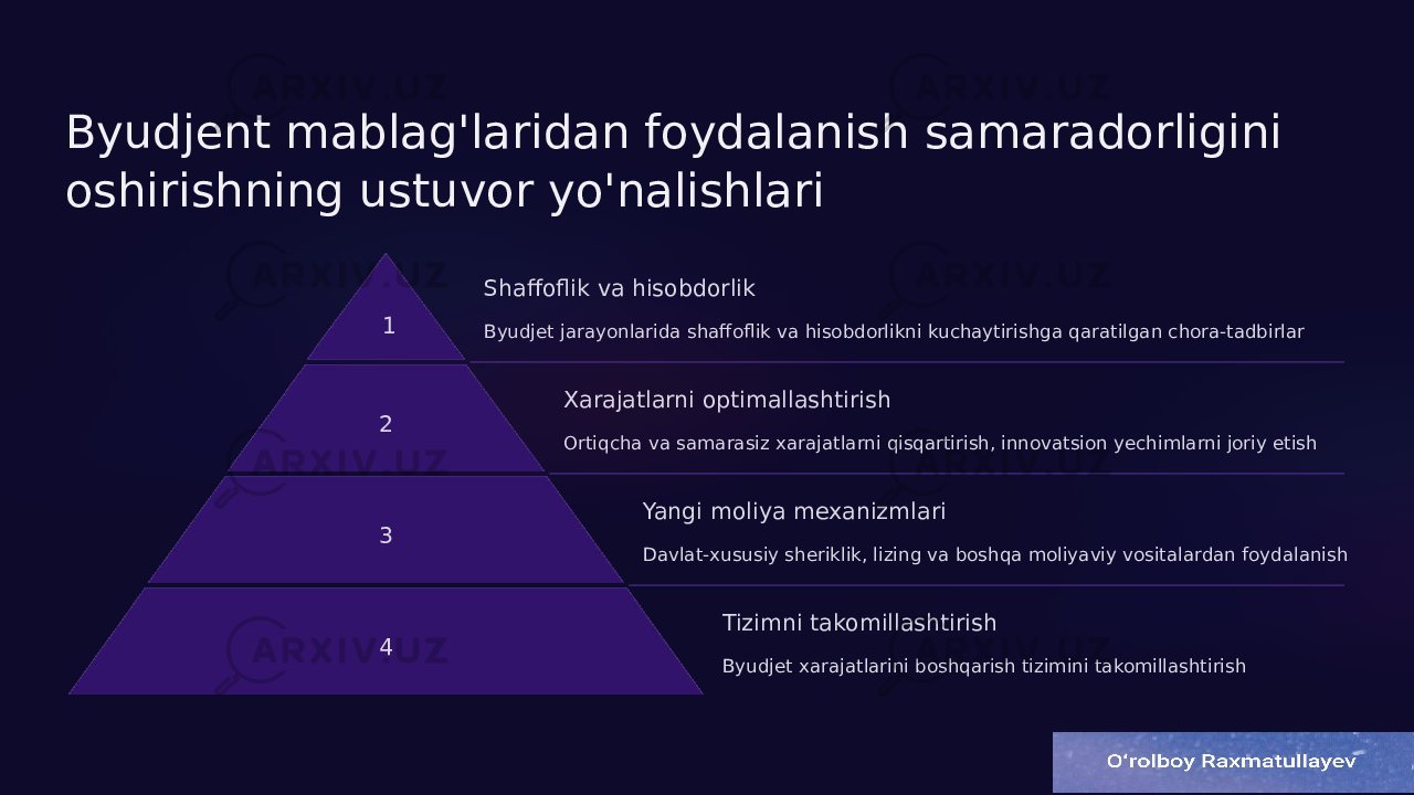 Byudjent mablag&#39;laridan foydalanish samaradorligini oshirishning ustuvor yo&#39;nalishlari 1 Shaffoflik va hisobdorlik Byudjet jarayonlarida shaffoflik va hisobdorlikni kuchaytirishga qaratilgan chora-tadbirlar 2 Xarajatlarni optimallashtirish Ortiqcha va samarasiz xarajatlarni qisqartirish, innovatsion yechimlarni joriy etish 3 Yangi moliya mexanizmlari Davlat-xususiy sheriklik, lizing va boshqa moliyaviy vositalardan foydalanish 4 Tizimni takomillashtirish Byudjet xarajatlarini boshqarish tizimini takomillashtirish 