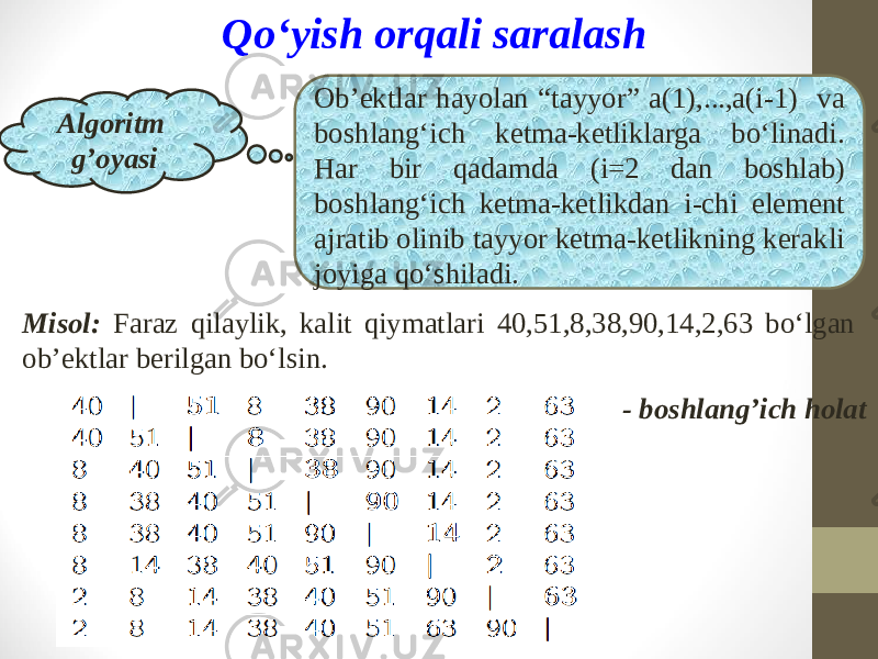 Qo‘yish orqali saralash Algoritm g’oyasi Ob’ektlar hayolan “tayyor” a(1),...,a(i-1) va boshlang‘ich ketma-ketliklarga bo‘linadi. Har bir qadamda (i=2 dan boshlab) boshlang‘ich ketma-ketlikdan i-chi element ajratib olinib tayyor ketma-ketlikning kerakli joyiga qo‘shiladi. Misol: Faraz qilaylik, kalit qiymatlari 40,51,8,38,90,14,2,63 bo‘lgan ob’ektlar berilgan bo‘lsin. - boshlang’ich holat 