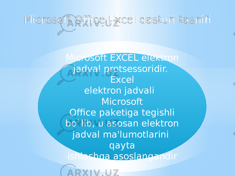 Microsoft Office Excel dasturi tasnifi Microsoft EXCEL elеktron jadval protsеssoridir. Excel elеktron jadvali Microsoft Office pakеtiga tеgishli bo`lib, u asosan elеktron jadval ma&#39;lumotlarini qayta ishlashga asoslangandir 