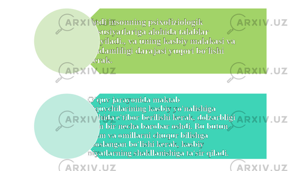 Endi insonning psixofiziologik xususiyatlariga alohida talablar qo&#39;yiladi., va uning kasbiy malakasi va chidamliligi darajasi yuqori bo&#39;lishi kerak. O&#39;quv jarayonida maktab o&#39;quvchilarining kasbiy yo&#39;nalishiga alohida e&#39;tibor berilishi kerak, dolzarbligi ham bir necha barobar oshdi. Bu butun tizim va omillarni chuqur bilishga asoslangan bo&#39;lishi kerak, kasbiy niyatlarning shakllanishiga ta&#39;sir qiladi. 