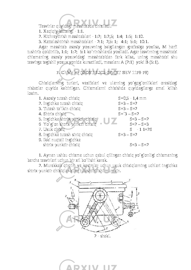 Tasvirlar quyidagi masshtabda chiziladi. 1. Xaqiqiy kattaligi - 1:1. 2. Kichraytirish masshtablari - 1:2; 1:2,5; 1:4; 1:5; 1:10. 3. Kattalashtirish masshtablari - 2:1; 2,5: 1; 4:1; 5:1; 10:1. Agar masshtab asosiy yozuvning belgilangan grafasiga yozilsa, M harfi tushirib qoldirilib, 1:1; 1:2; 5:1 ko`rinishlarda yoziladi. Agar tasvirning masshtabi chizmaning asosiy yozuvidagi masshtabidan fark kilsa, uning masshtabi shu tasvirga tegishli yozuv yonida kursatiladi, masalan: A (2:1) yoki В (5:1). 7. Chiziqlar (GOST 2.303-68) (ST SEV 1178-78) Chiziqlarning turlari, vazifalari va ularning yo`gqg`onliklari orasidagi nisbatlar quyida keltirilgan. Chizmalarni chizishda quyidagilarga amal kilish lozim. 1. Asosiy tutash chiziq S =0,5 - 1,4 mm 2. Ingichka tutash chiziq S=3 – S=2 3. Tutash t o` lkin chizi q S=3 – S=2 4. Shtrix chizi q S=`3 – S=2 5. Ingichka shtrix-punktir chiziq S =3 – S =2 6 Yo`g`on shtrix-punktir chiziq S =2 – S =3 7. Uzuk chiziq S - 1 1=2S 8. Ingichka tutash siniq chiziq S=3 – S=2 9. Ikki nuqtali ingichka shtrix-punktir chiziq S=3 – S=2 1. Aynan ushbu chizma uchun qabul qilingan chiziq yo`g`onligi chizmaning barcha tasvirlari uchun bir xil bo`lishi kerak. 2. Murakkab qirqim va kesimlar uchun uzuk chiziqlarning uchlari ingichka shtrix-punktir chiziqlar bilan tutashtirilishi mumkin. 2 - shakl. 