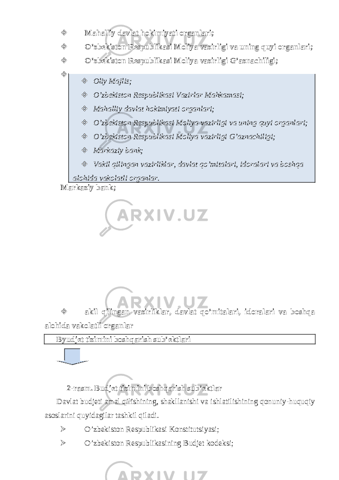  Mahalliy davlat hokimiyati organlari;  O’zbekiston Respublikasi Moliya vazirligi va uning quyi organlari;  O’zbekiston Respublikasi Moliya vazirligi G’aznachiligi;  Markaziy bank;  akil qilingan vazirliklar, davlat qo’mitalari, idoralari va boshqa alohida vakolatli organlar Byudjet tizimini boshqarish sub’ektlari  2-rasm. Budjet tizimini boshqarish sub’ektlar Davlat budjeti amal qilishining, shakllanishi va ishlatilishining qonuniy-huquqiy asoslarini quyidagilar tashkil qiladi.  O’zbekiston Respublikasi Konstitutsiyasi;  O’zbekiston Respublikasining Budjet kodeksi;  Oliy Majlis;  O’zbekiston Respublikasi Vazirlar Mahkamasi;  Mahalliy davlat hokimiyati organlari;  O’zbekiston Respublikasi Moliya vazirligi va uning quyi organlari;  O’zbekiston Respublikasi Moliya vazirligi G’aznachiligi;  Markaziy bank;  Vakil qilingan vazirliklar, davlat qo’mitalari, idoralari va boshqa alohida vakolatli organlar. 