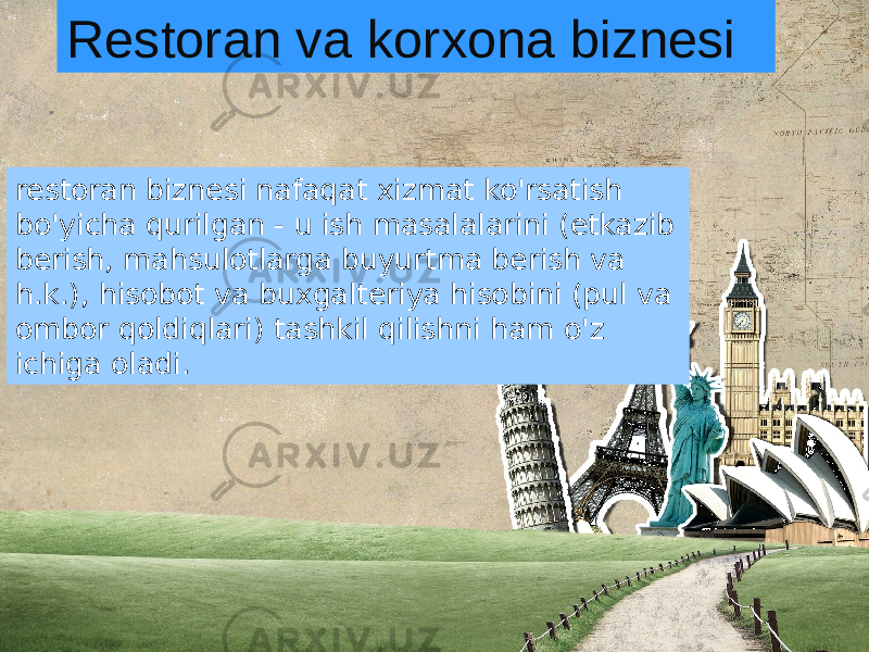 restoran biznesi nafaqat xizmat ko&#39;rsatish bo&#39;yicha qurilgan - u ish masalalarini (etkazib berish, mahsulotlarga buyurtma berish va h.k.), hisobot va buxgalteriya hisobini (pul va ombor qoldiqlari) tashkil qilishni ham o&#39;z ichiga oladi. Restoran va korxona biznesi 