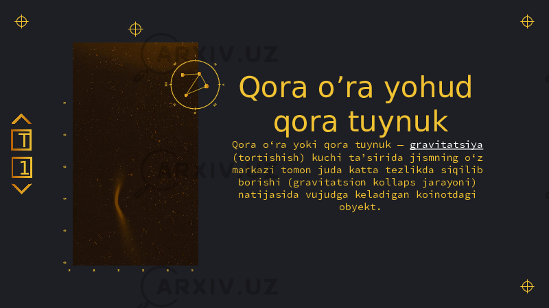 Qora o’ra yohud qora tuynuk Qora oʻra yoki qora tuynuk — gravitatsiya (tortishish) kuchi taʼsirida jismning oʻz markazi tomon juda katta tezlikda siqilib borishi (gravitatsion kollaps jarayoni) natijasida vujudga keladigan koinotdagi obyekt.1T 