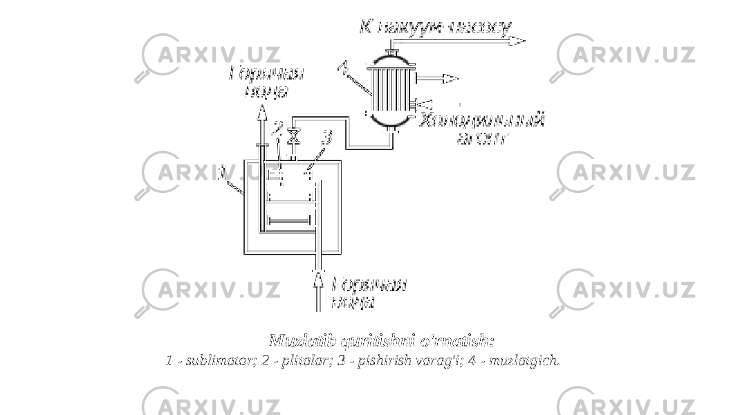 Muzlatib quritishni o&#39;rnatish: 1 - sublimator; 2 - plitalar; 3 - pishirish varag&#39;i; 4 - muzlatgich. 