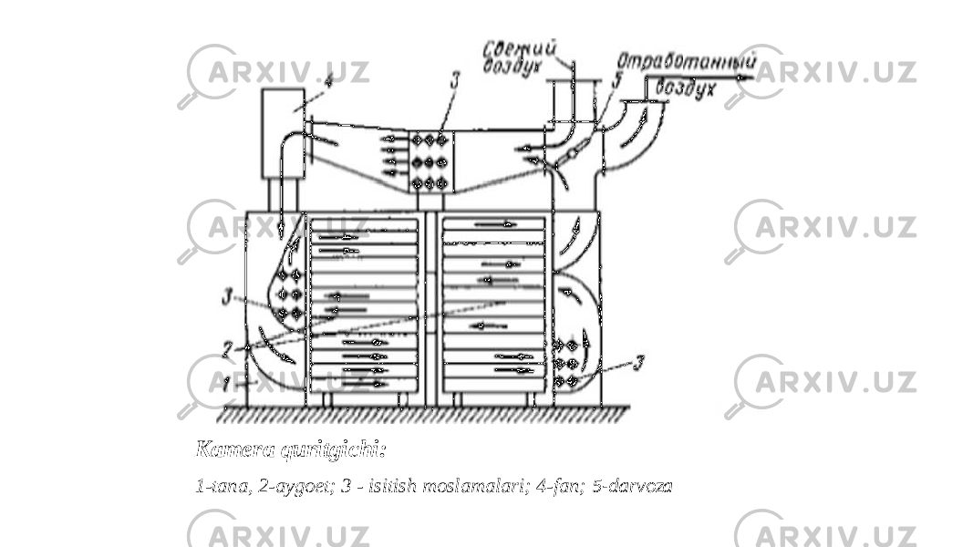 Kamera quritgichi: 1-tana, 2-aygoet; 3 - isitish moslamalari; 4-fan; 5-darvoza 