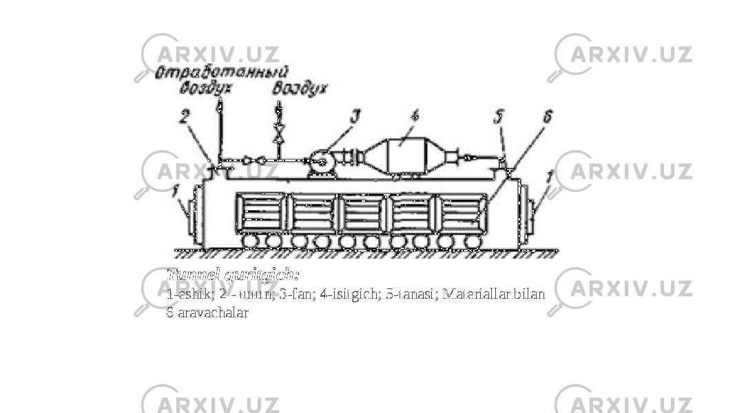 Tunnel quritgich: 1-eshik; 2 - tutun; 3-fan; 4-isitgich; 5-tanasi; Materiallar bilan 6 aravachalar 