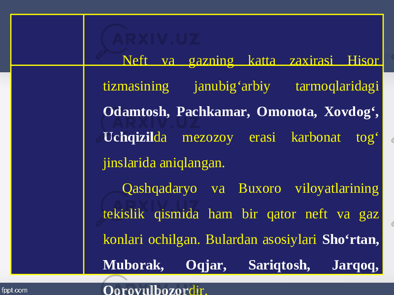 Neft va gazning katta zaxirasi Hisor tizmasining janubig‘arbiy tarmoqlaridagi Odamtosh, Pachkamar, Omonota, Xovdog‘, Uchqizil da mezozoy erasi karbonat tog‘ jinslarida aniqlangan. Qashqadaryo va Buxoro viloyatlarining tekislik qismida ham bir qator neft va gaz konlari ochilgan. Bulardan asosiylari Sho‘rtan, Muborak, Oqjar, Sariqtosh, Jarqoq, Qorovulbozor dir. 