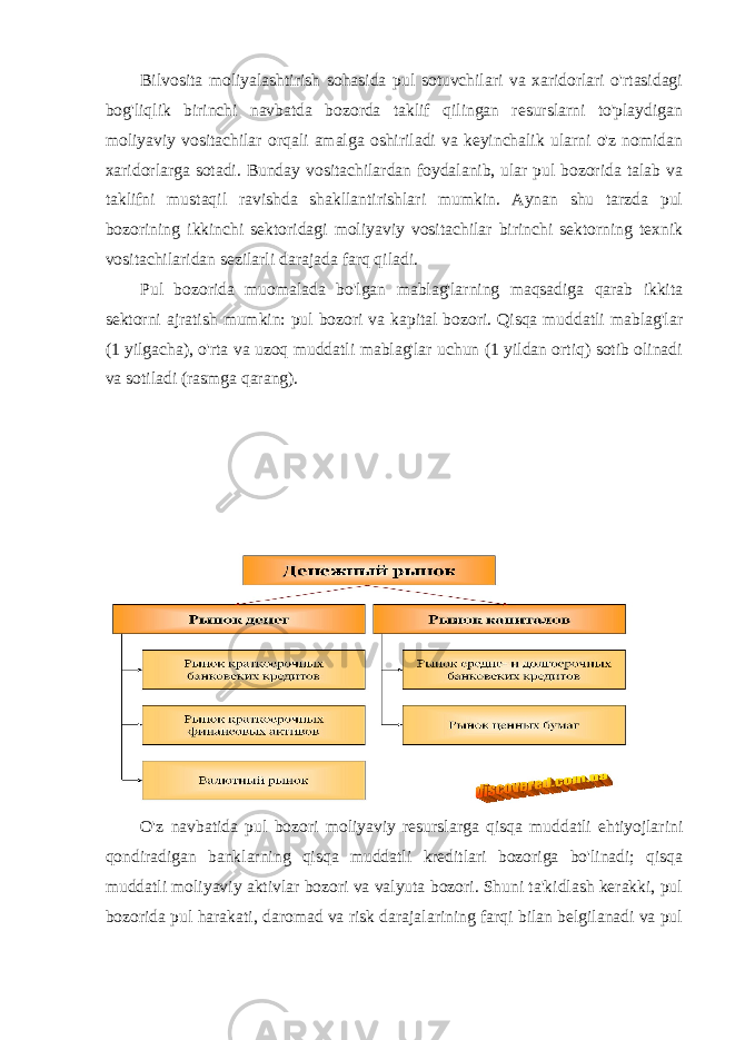 Bilvosita moliyalashtirish sohasida pul sotuvchilari va xaridorlari o&#39;rtasidagi bog&#39;liqlik birinchi navbatda bozorda taklif qilingan resurslarni to&#39;playdigan moliyaviy vositachilar orqali amalga oshiriladi va keyinchalik ularni o&#39;z nomidan xaridorlarga sotadi. Bunday vositachilardan foydalanib, ular pul bozorida talab va taklifni mustaqil ravishda shakllantirishlari mumkin. Aynan shu tarzda pul bozorining ikkinchi sektoridagi moliyaviy vositachilar birinchi sektorning texnik vositachilaridan sezilarli darajada farq qiladi. Pul bozorida muomalada bo&#39;lgan mablag&#39;larning maqsadiga qarab ikkita sektorni ajratish mumkin: pul bozori va kapital bozori. Qisqa muddatli mablag&#39;lar (1 yilgacha), o&#39;rta va uzoq muddatli mablag&#39;lar uchun (1 yildan ortiq) sotib olinadi va sotiladi (rasmga qarang). O&#39;z navbatida pul bozori moliyaviy resurslarga qisqa muddatli ehtiyojlarini qondiradigan banklarning qisqa muddatli kreditlari bozoriga bo&#39;linadi; qisqa muddatli moliyaviy aktivlar bozori va valyuta bozori. Shuni ta&#39;kidlash kerakki, pul bozorida pul harakati, daromad va risk darajalarining farqi bilan belgilanadi va pul 