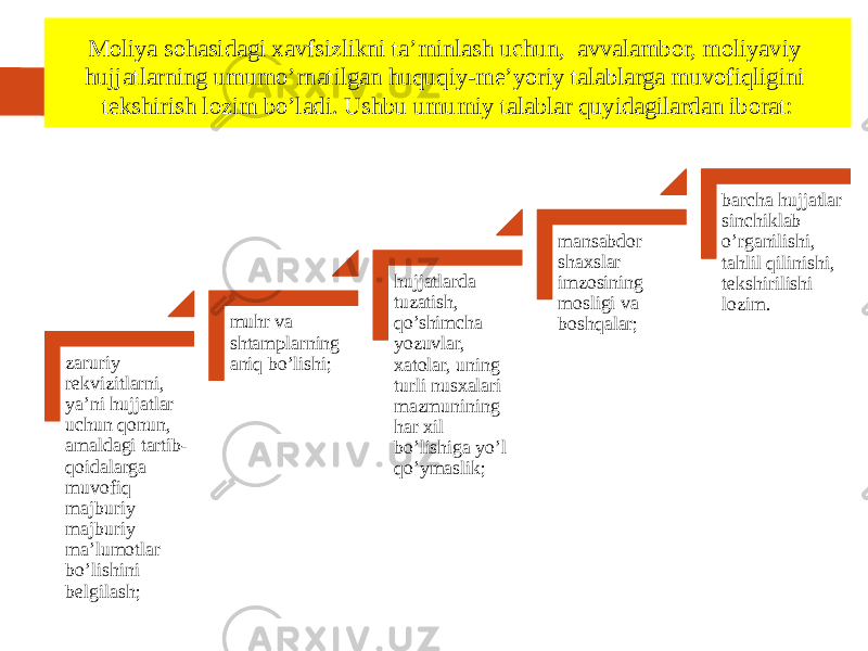 Moliya sohasidagi xavfsizlikni ta’minlash uchun, avvalambor, moliyaviy hujjatlarning umumo’rnatilgan huquqiy-me’yoriy talablarga muvofiqligini tekshirish lozim bo’ladi. Ushbu umumiy talablar quyidagilardan iborat: zaruriy rekvizitlarni, ya’ni hujjatlar uchun qonun, amaldagi tartib- qoidalarga muvofiq majburiy majburiy ma’lumotlar bo’lishini belgilash; muhr va shtamplarning aniq bo’lishi; hujjatlarda tuzatish, qo’shimcha yozuvlar, xatolar, uning turli nusxalari mazmunining har xil bo’lishiga yo’l qo’ymaslik; mansabdor shaxslar imzosining mosligi va boshqalar; barcha hujjatlar sinchiklab o’rganilishi, tahlil qilinishi, tekshirilishi lozim. 